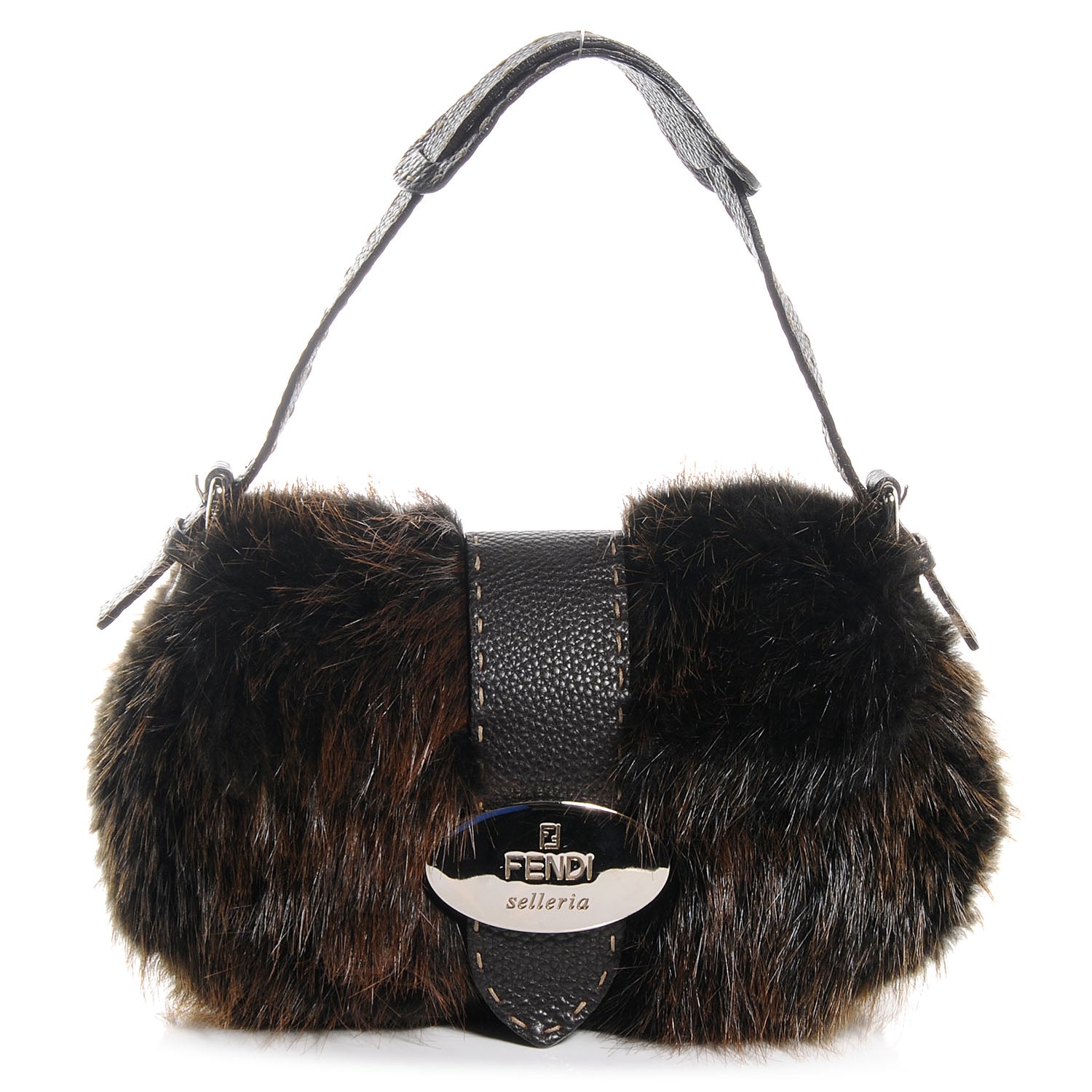 Fendi Mink Fur Calfskin Romano Selleria Brown 1 of 8