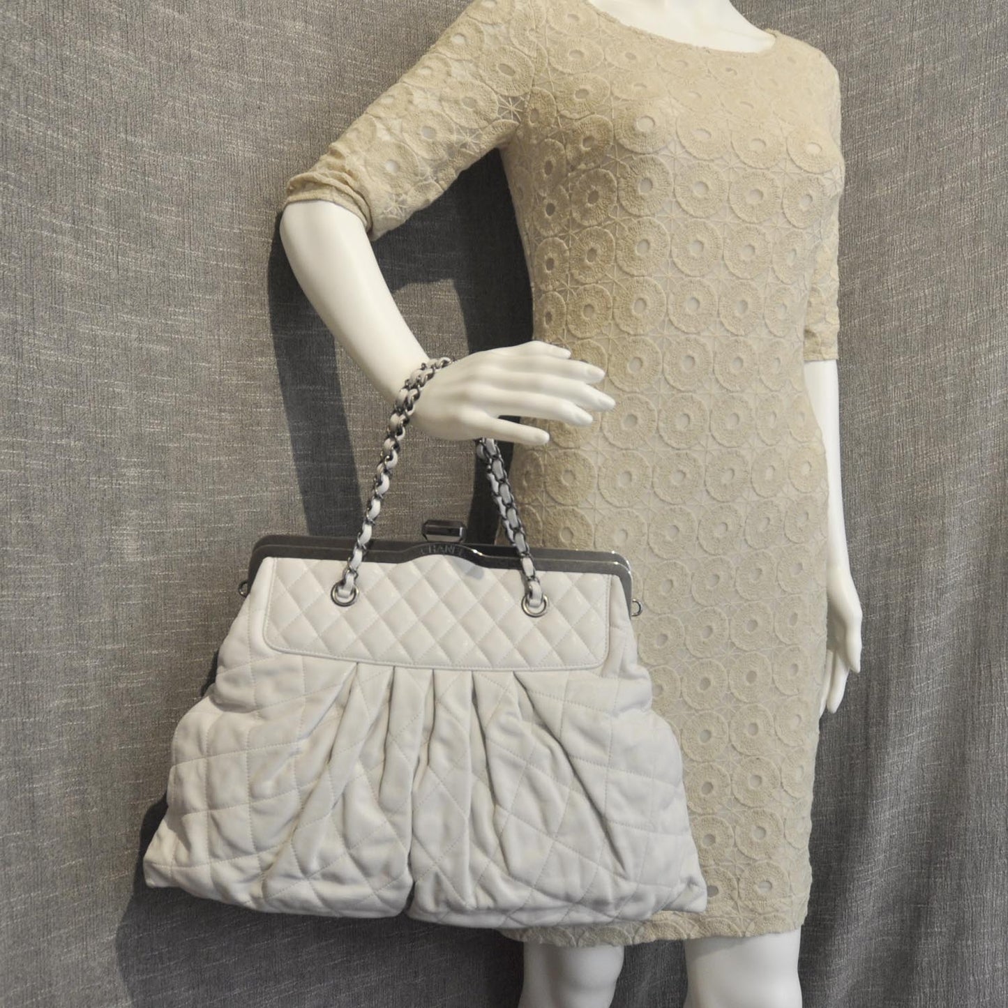 Iridescent Calfskin Chic Quilt Frame Tote White