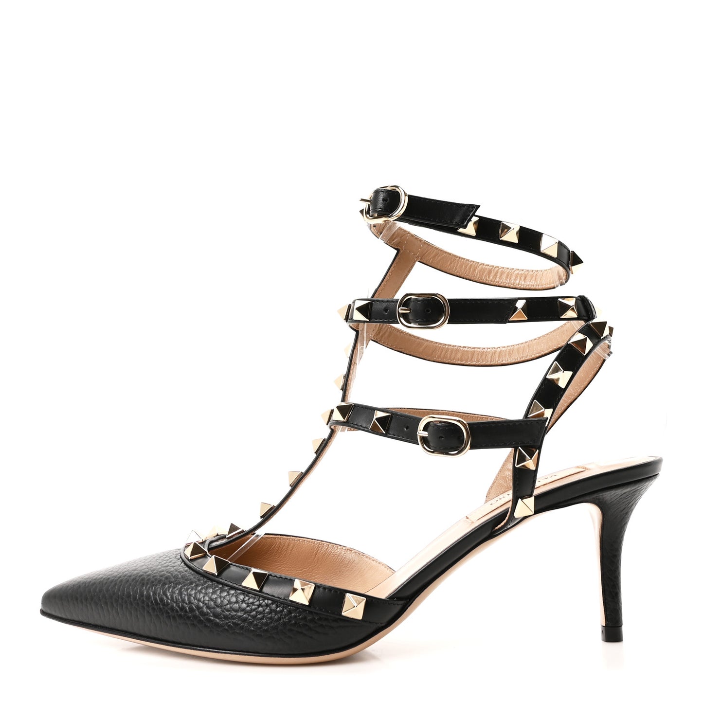 Calfskin Nappa Rockstud Ankle Strap 65mm Pumps 38.5 Black Poudre