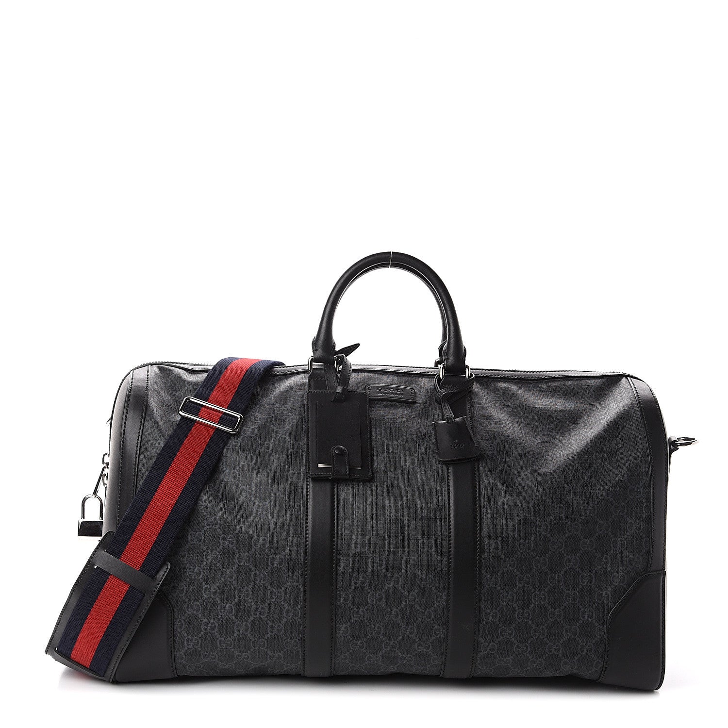 Gucci Soft GG Supreme Monogram Appia Calfskin Web Large Carry On Duffle Bag Black Grey 1 of 8