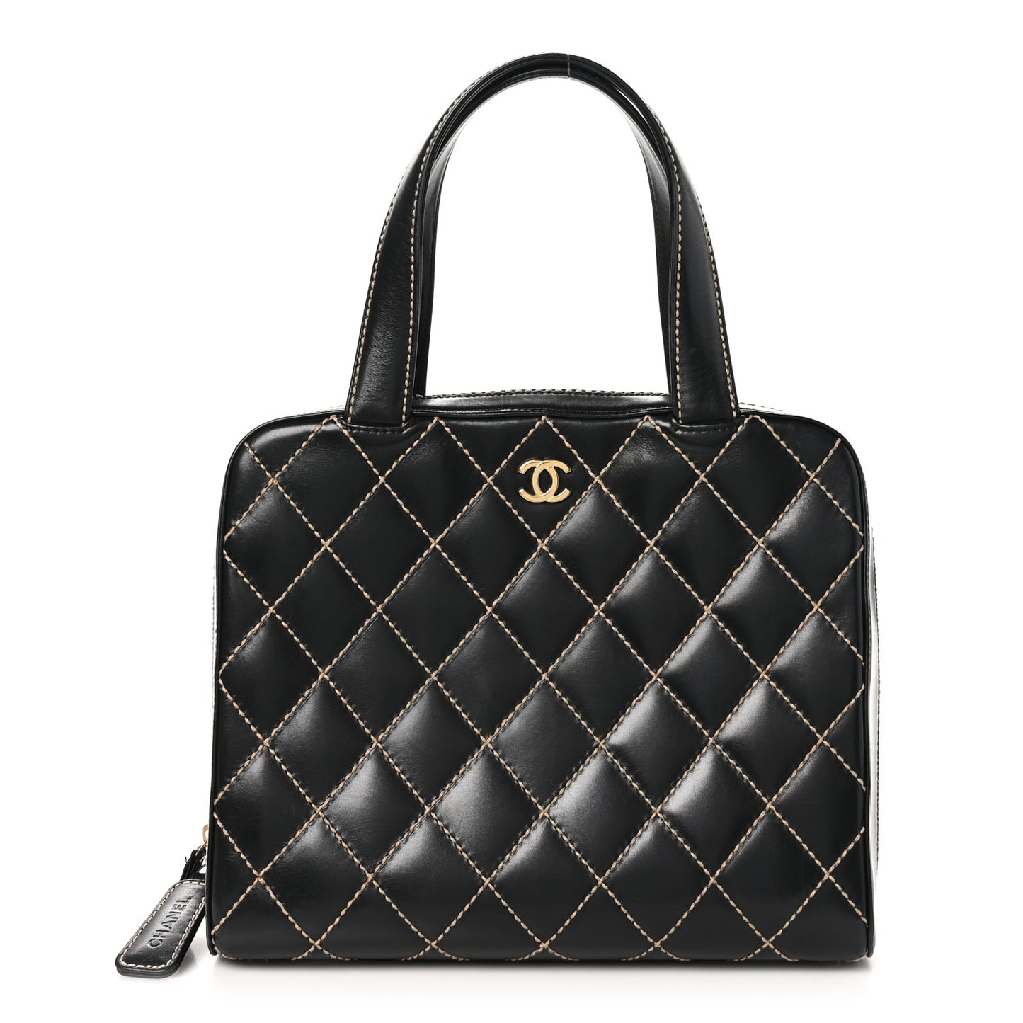 Calfskin Wild Stitch Vertical Top Handle Bag Black