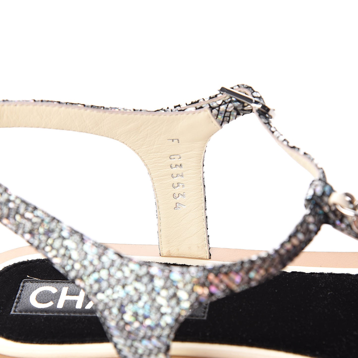 Goatskin Velvet Fantasy CC Chain Thong Sandals 41.5 Silver Ivory