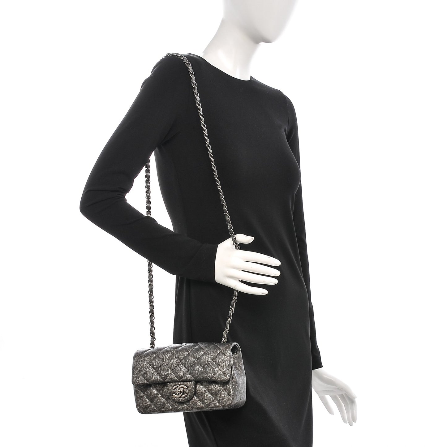 Metallic Caviar Quilted Mini Rectangular Flap Dark Silver