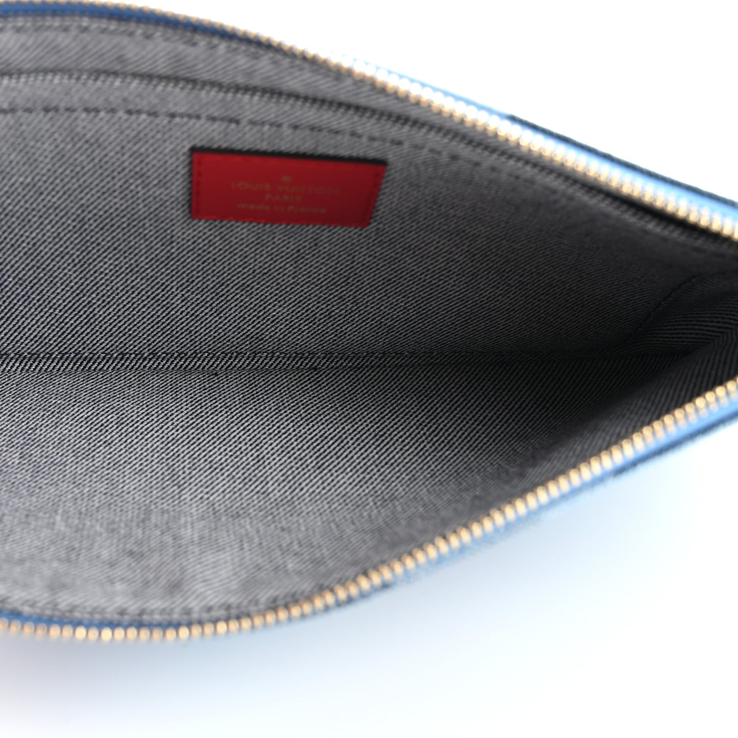 Denim Damier Monogram Patchwork Neverfull MM Pochette Blue Rouge