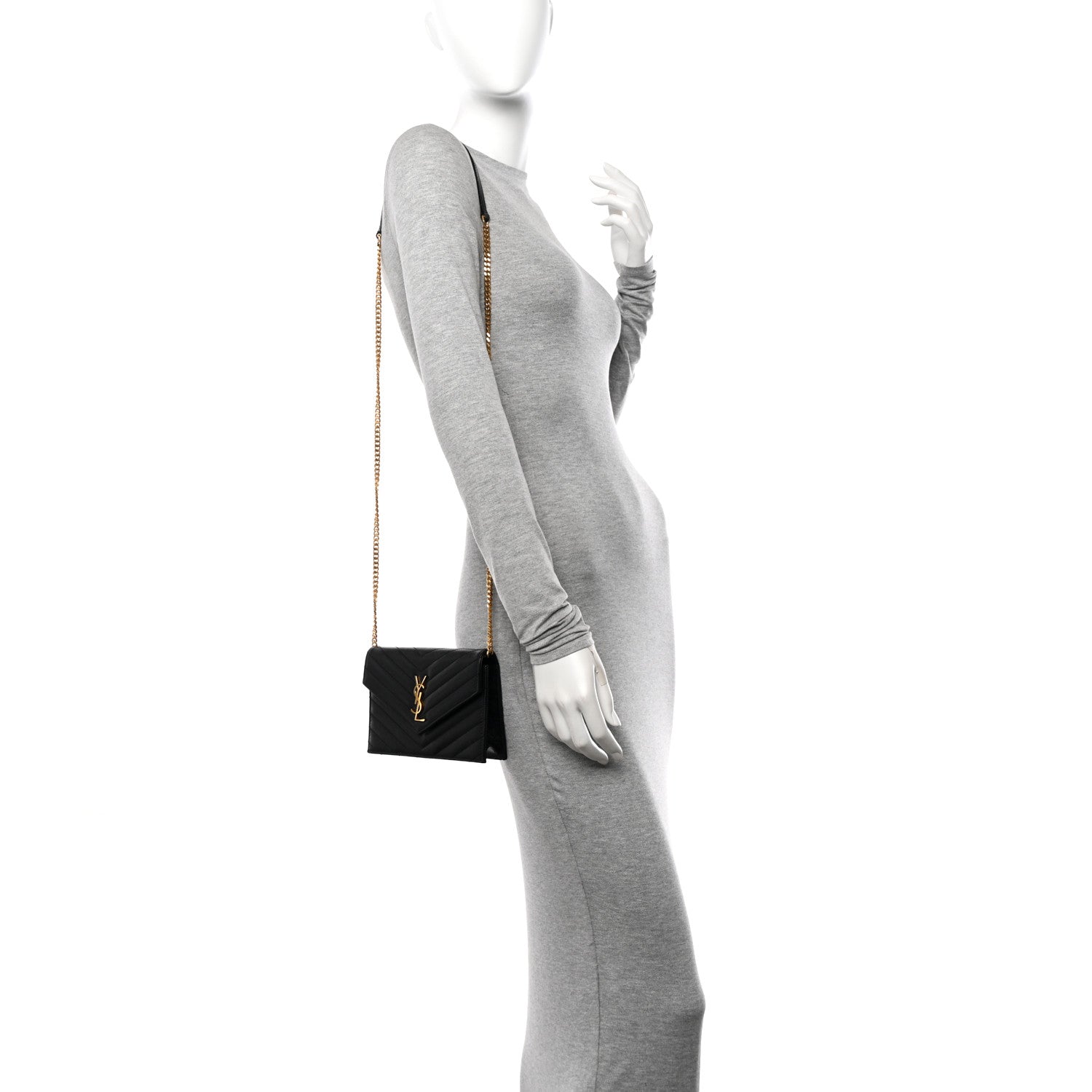 Saint Laurent Grain De Poudre Matelasse Chevron Monogram Envelope Chain Wallet Black 2 of 10