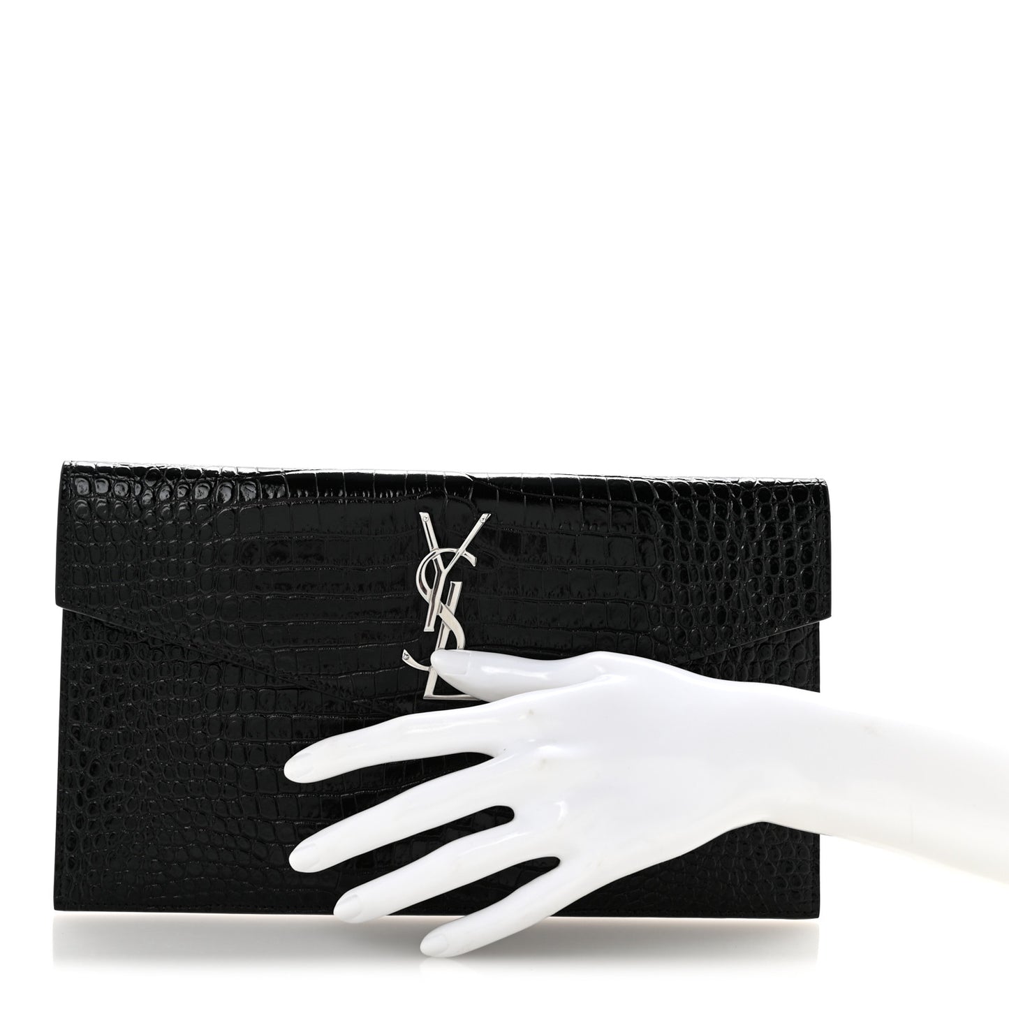 Calfskin Crocodile Embossed Uptown Monogram Clutch Black