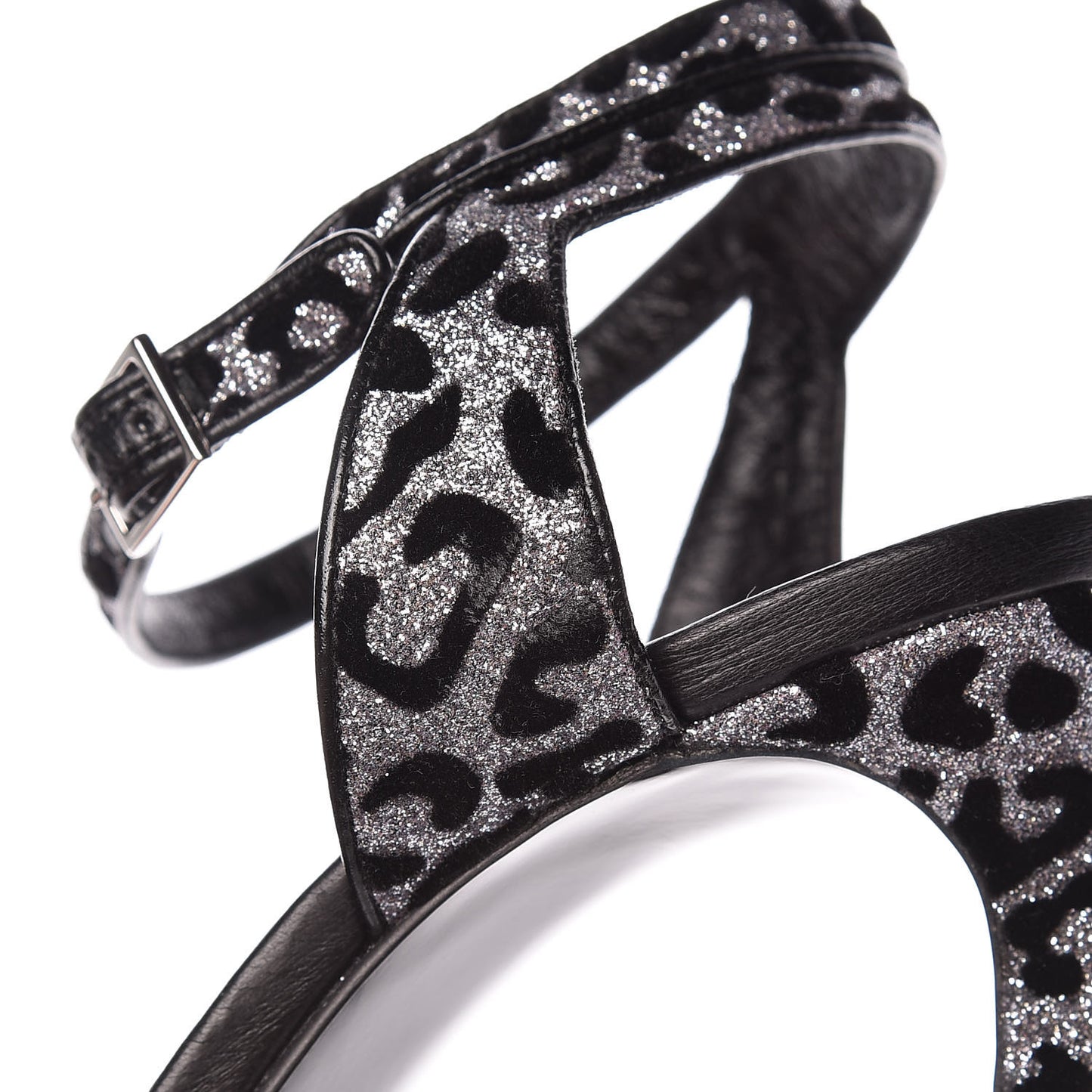 Velvet Glitter Leopard Print Platform Sandals 40 Argento Black