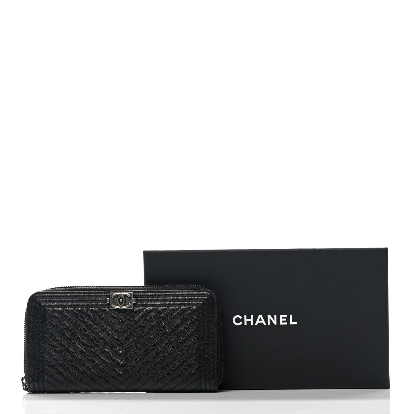 Caviar Chevron Quilted Zip Around Boy Wallet Black