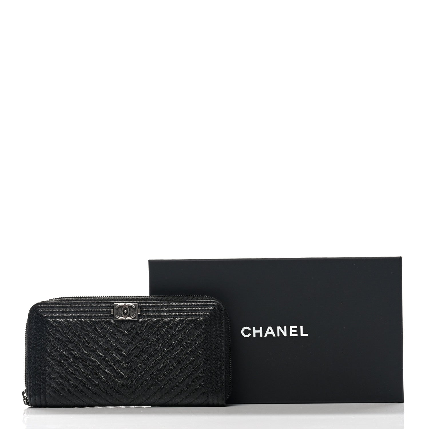 Chanel Caviar Chevron Quilted Zip Around Boy Wallet Black 9 of 9