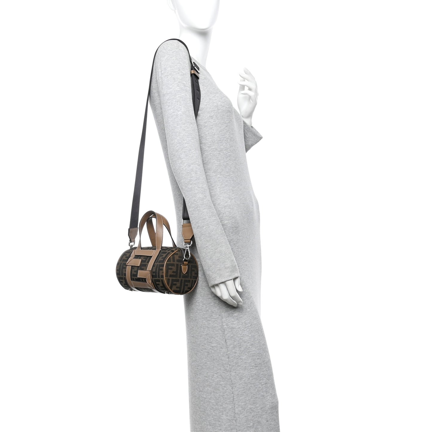 Recycled Fabric Jacquard Vitello Grace FF 1974 Mini O'Lock Bowling Bag Tobacco Moro Sand