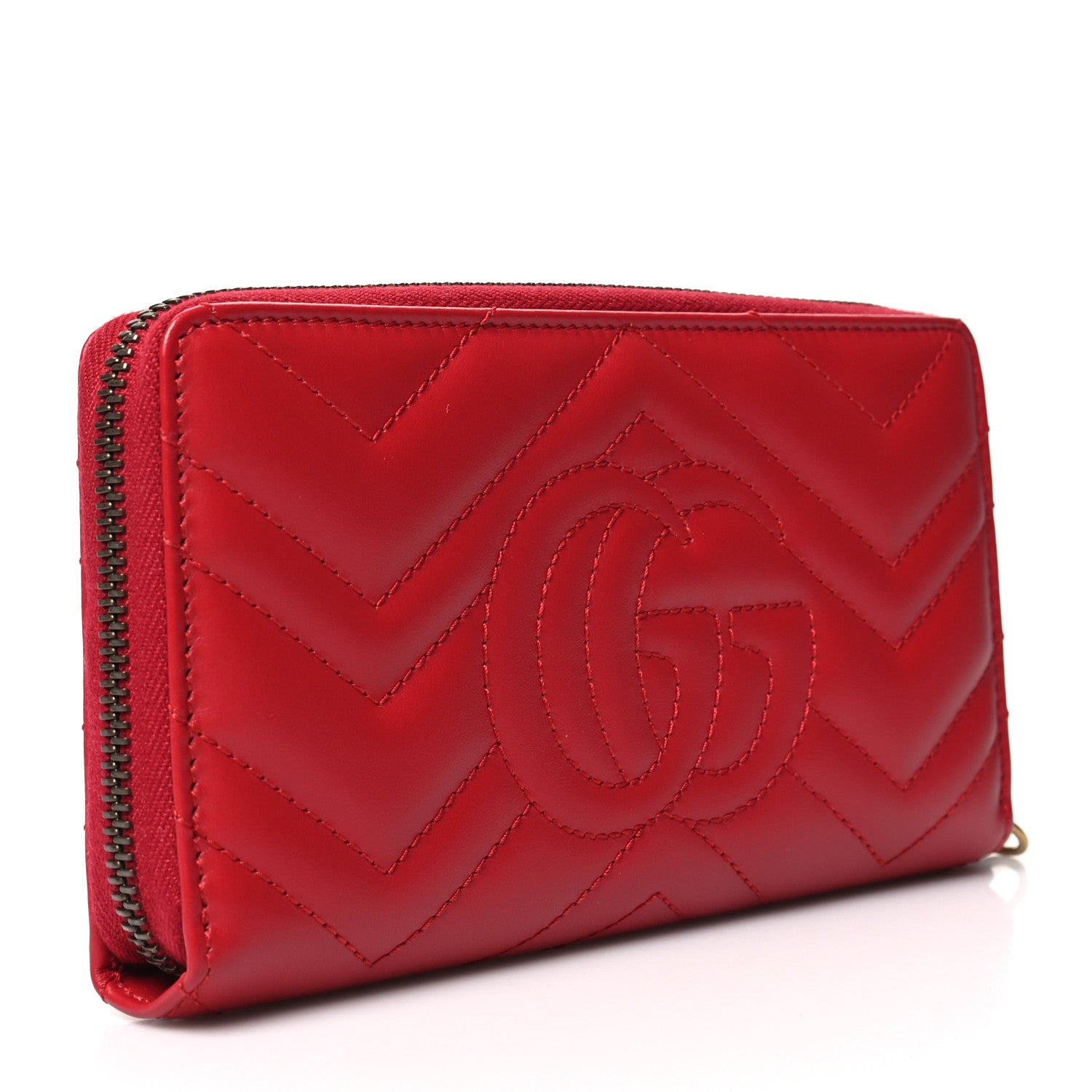 Gucci Calfskin Matelasse GG Marmont Zip Around Wallet Hibiscus Red 3 of 12