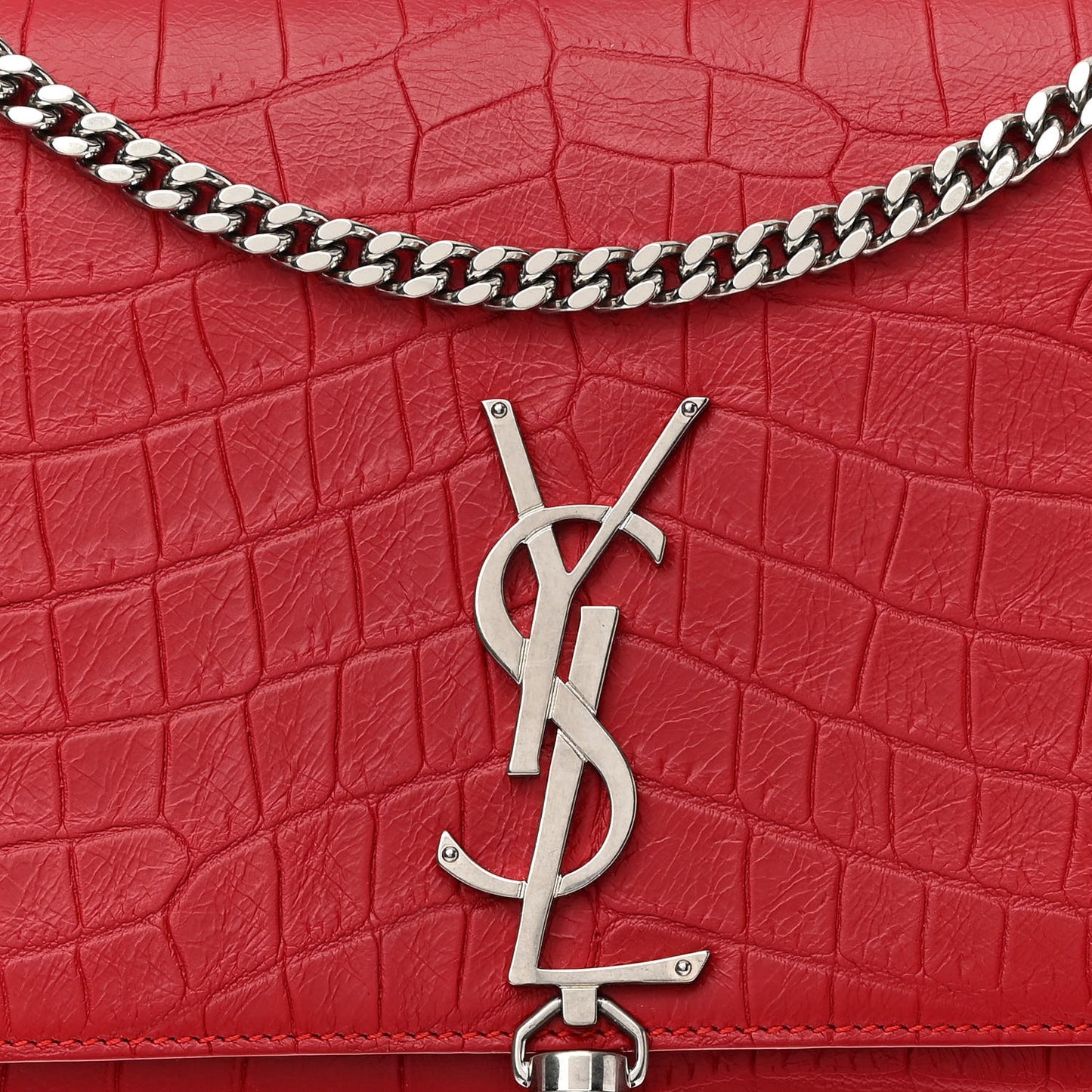 Calfskin Crocodile Embossed Small Classic Monogram Kate Tassel Satchel Red
