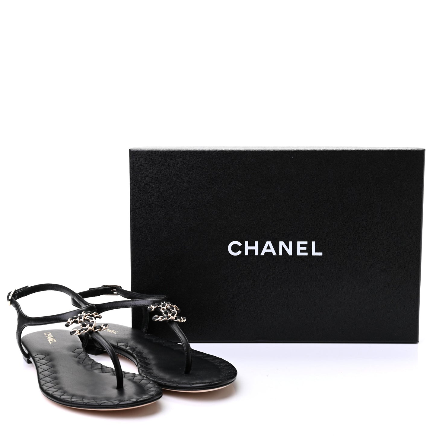 Lambskin Chain CC Logo Thong Sandals 37 Black