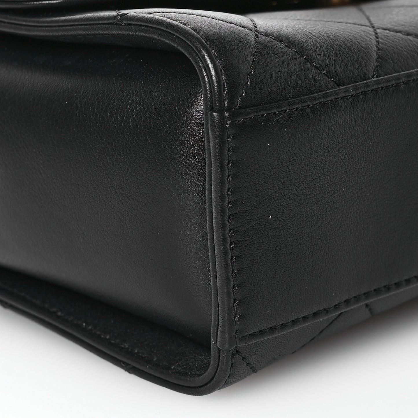 Lambskin Stitched Pearl Logo Top Handle Flap Black