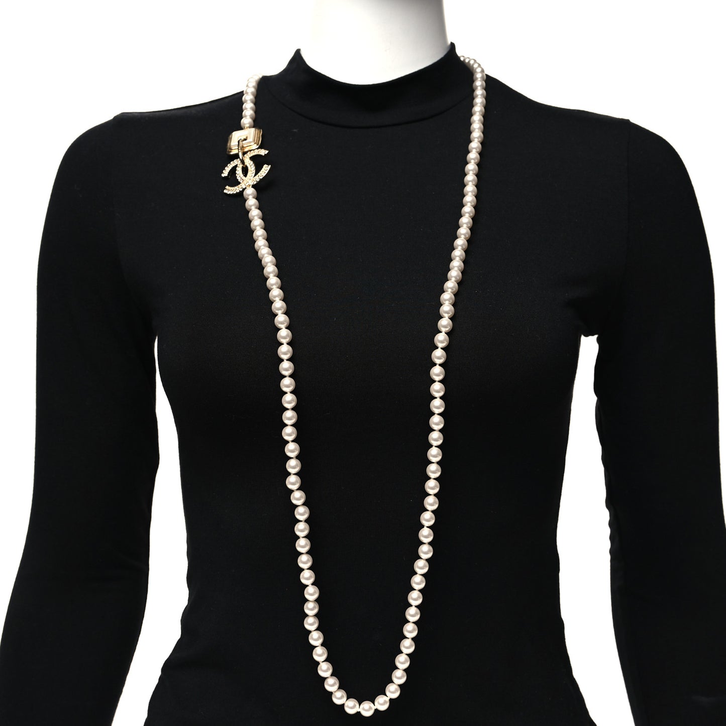 Pearl Crystal Long CC Logo Necklace Gold