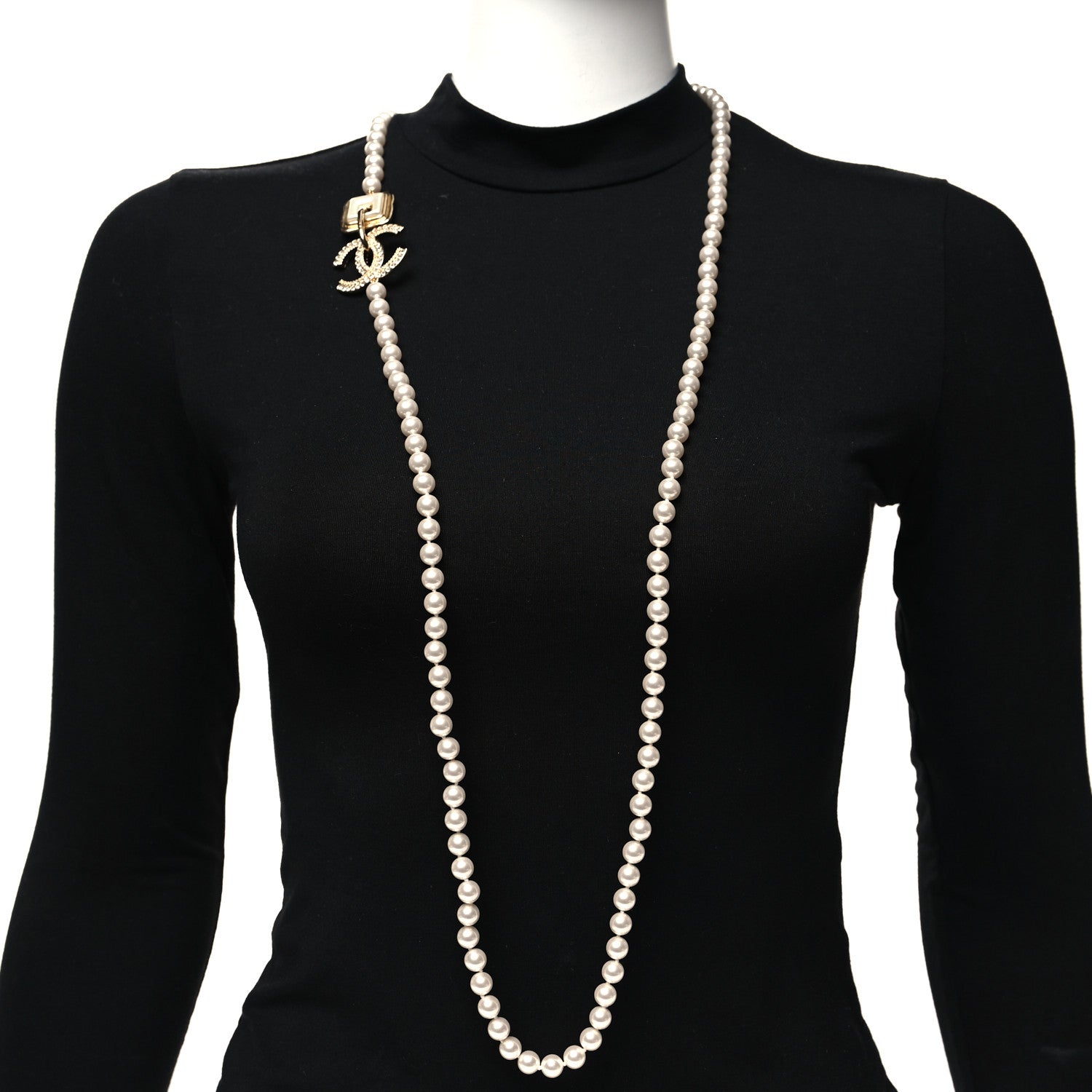 Chanel Pearl Crystal Long CC Logo Necklace Gold 2 of 4