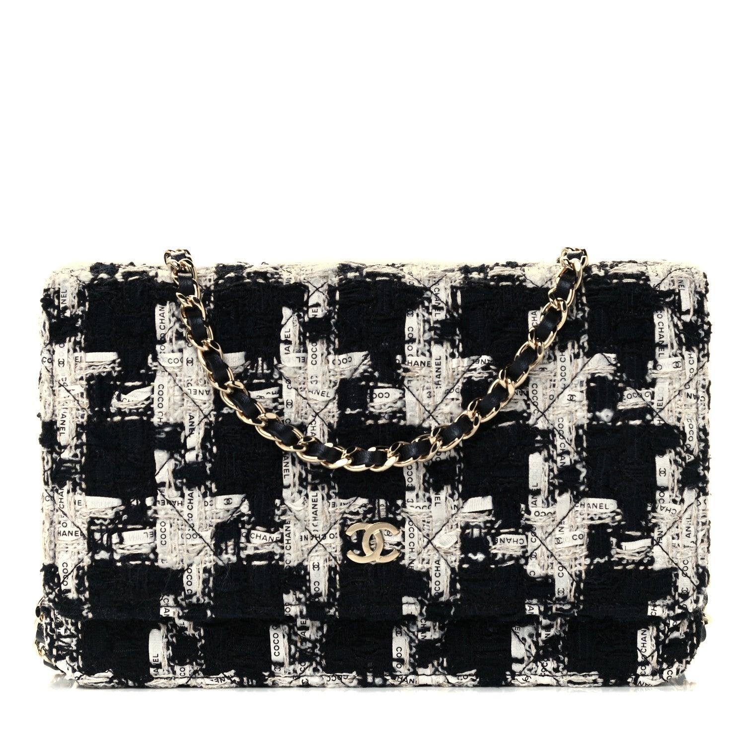 Chanel Tweed Quilted Wallet On Chain WOC Black Ecru White 1 of 11