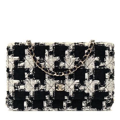 Chanel Tweed Quilted Wallet On Chain WOC Black Ecru White 1 of 11