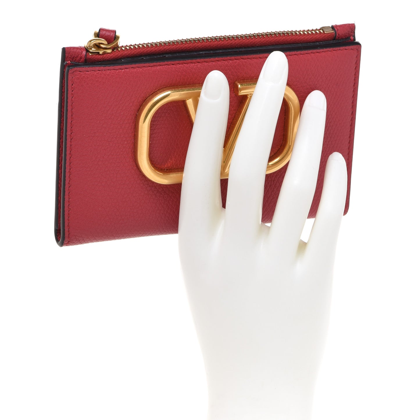 Grained Calfskin VLogo Coin Case Card Holder Rouge Pur