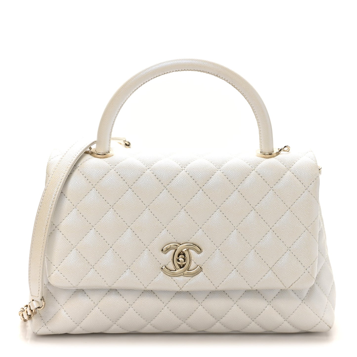 Iridescent Caviar Quilted Small Coco Handle Flap White