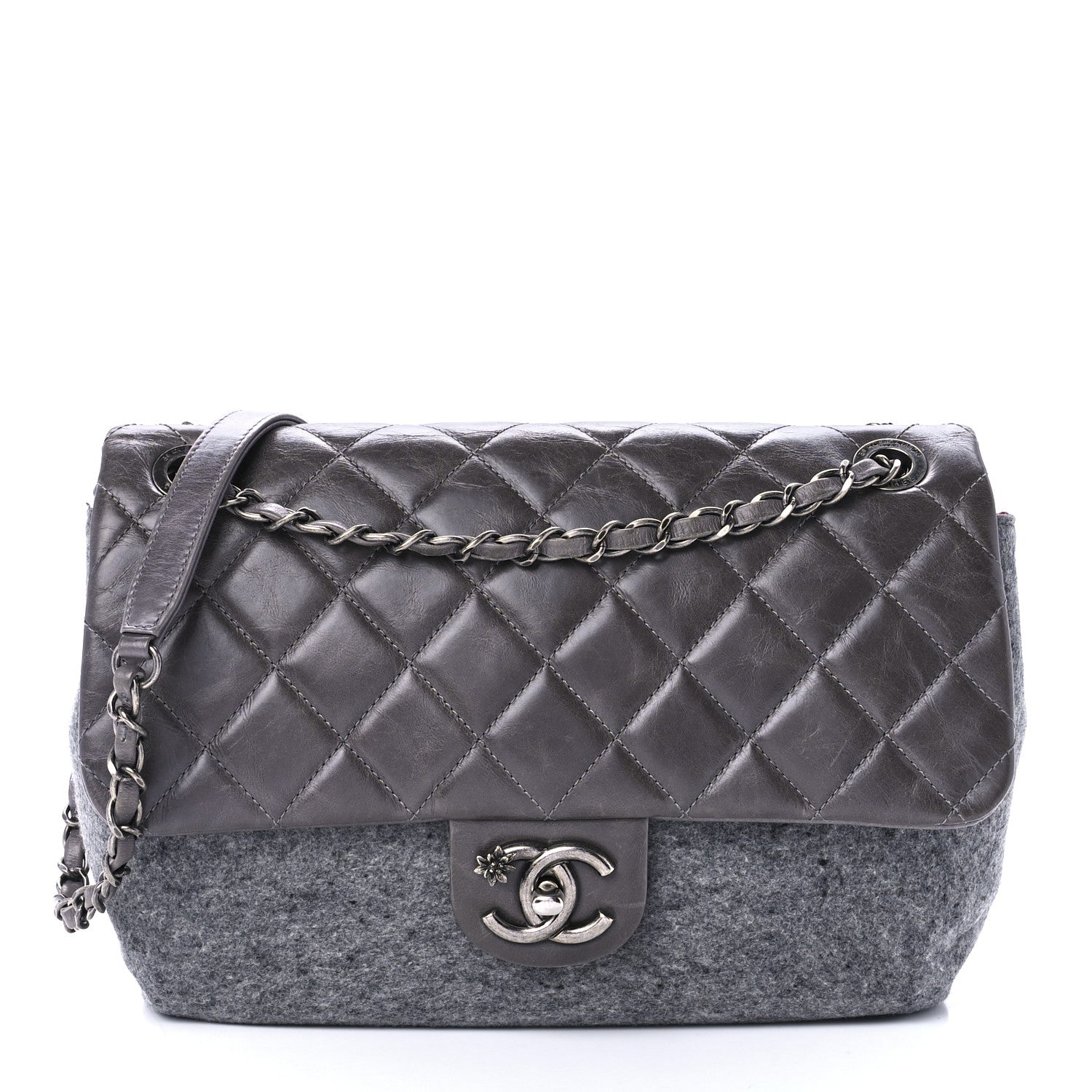Chanel Felt Glazed Calfskin Quilted Edelweiss Flower Flap Grey 1 of 13