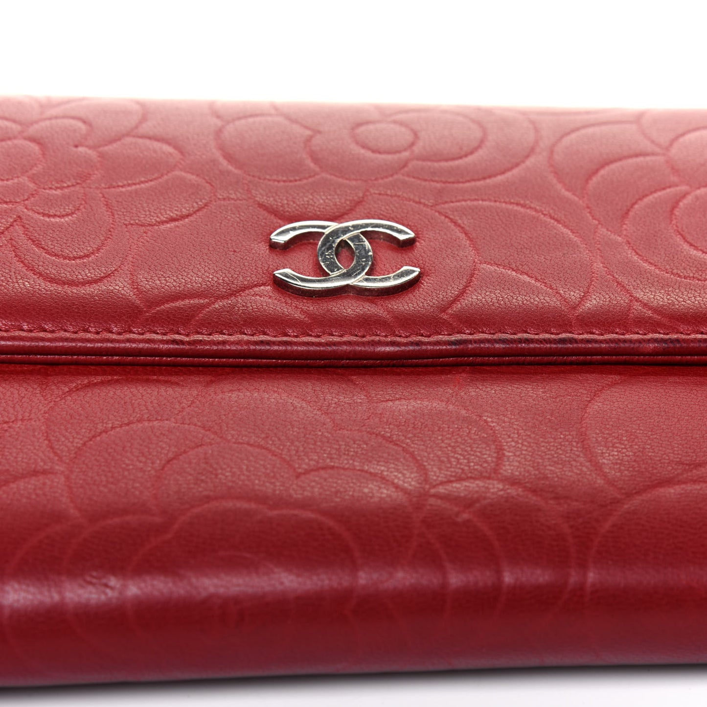 Lambskin Camellia Embossed Flap Wallet Red
