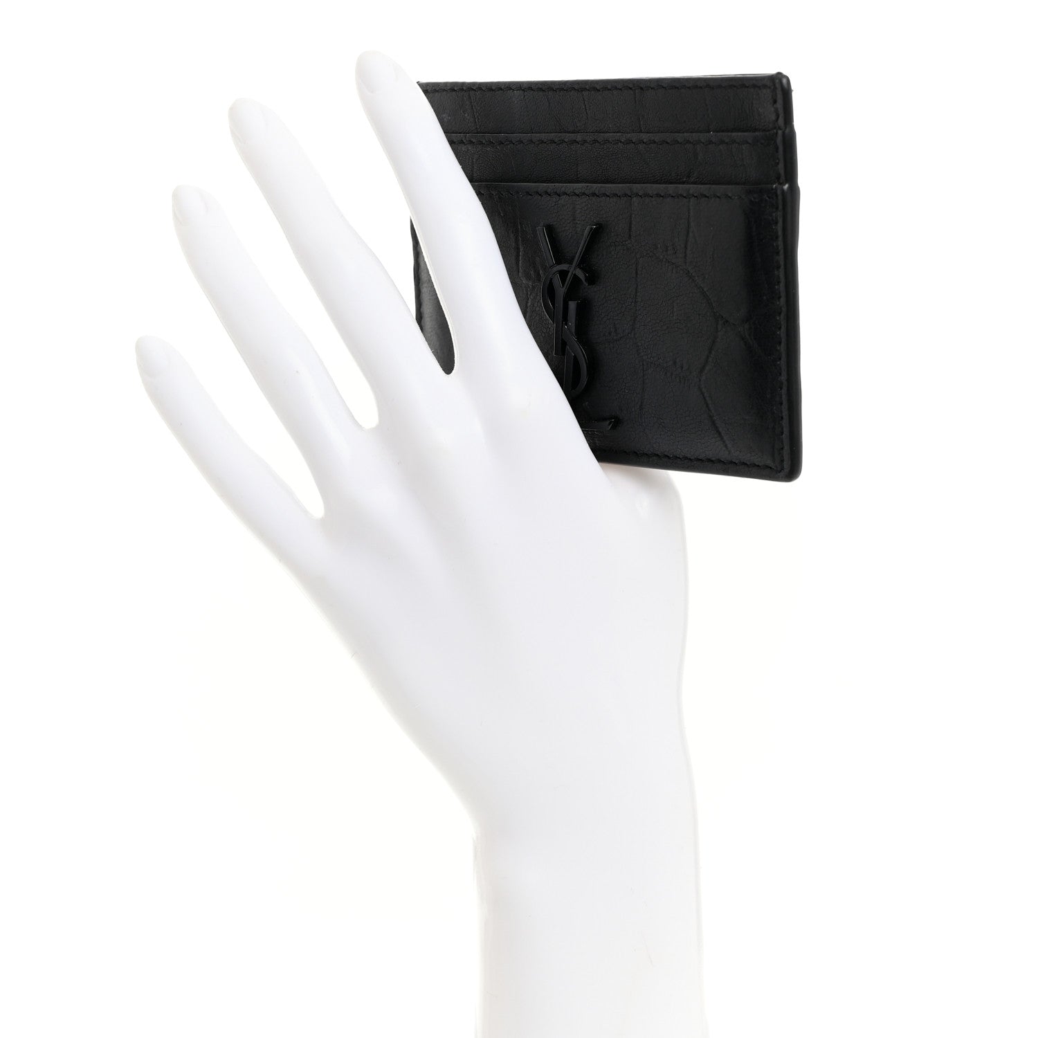 Saint Laurent Calfskin Crocodile Embossed Monogram Credit Card Case Black 2 of 8