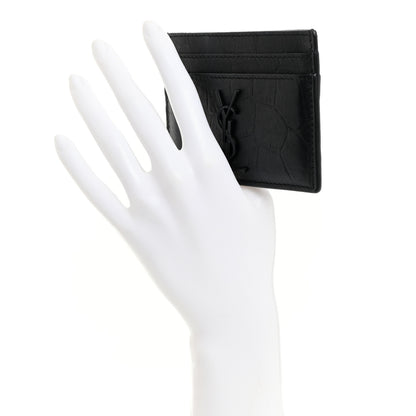 Saint Laurent Calfskin Crocodile Embossed Monogram Credit Card Case Black 2 of 8