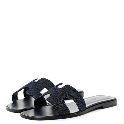 Hermes Denim Canvas Oran Sandals 37.5 Bleu Brut 3 of 11