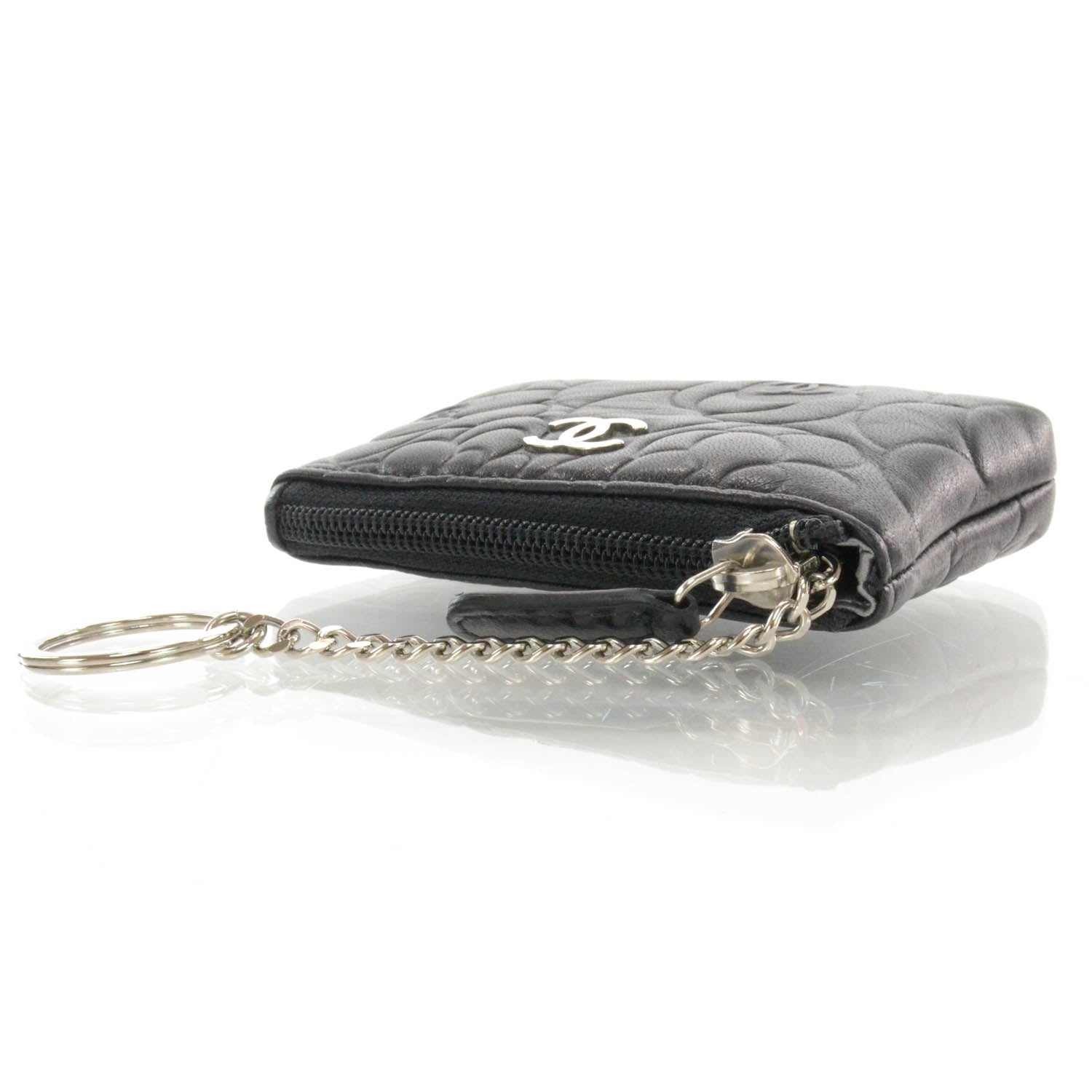 Chanel Lambskin Camellia Embossed Key Holder Case Black 3 of 9