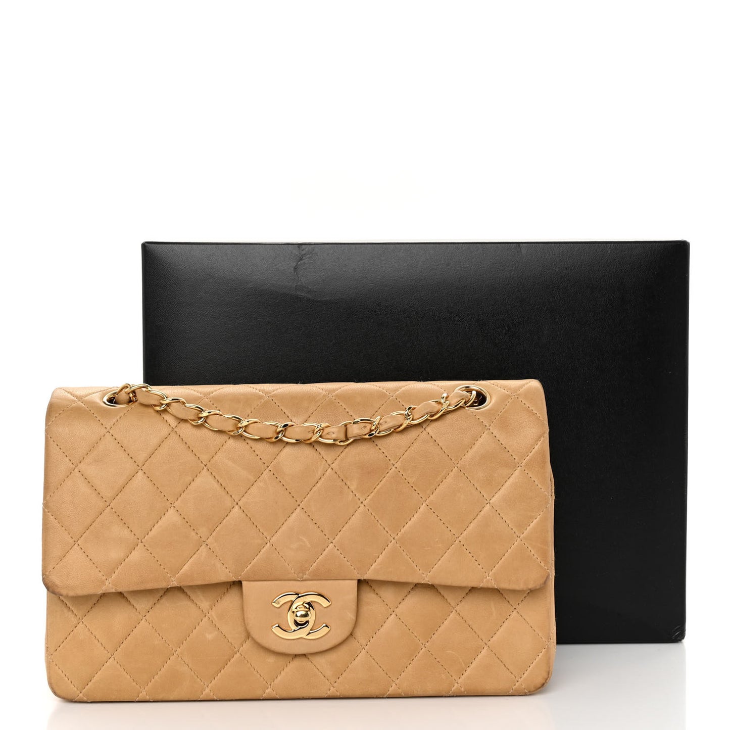 Lambskin Quilted Medium Double Flap Beige