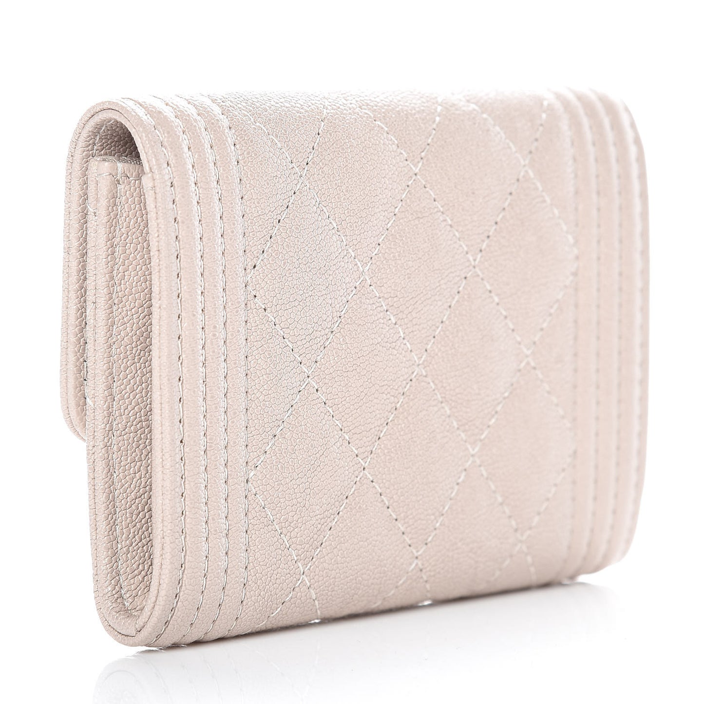 Iridescent Caviar Quilted Boy Card Holder Wallet Beige
