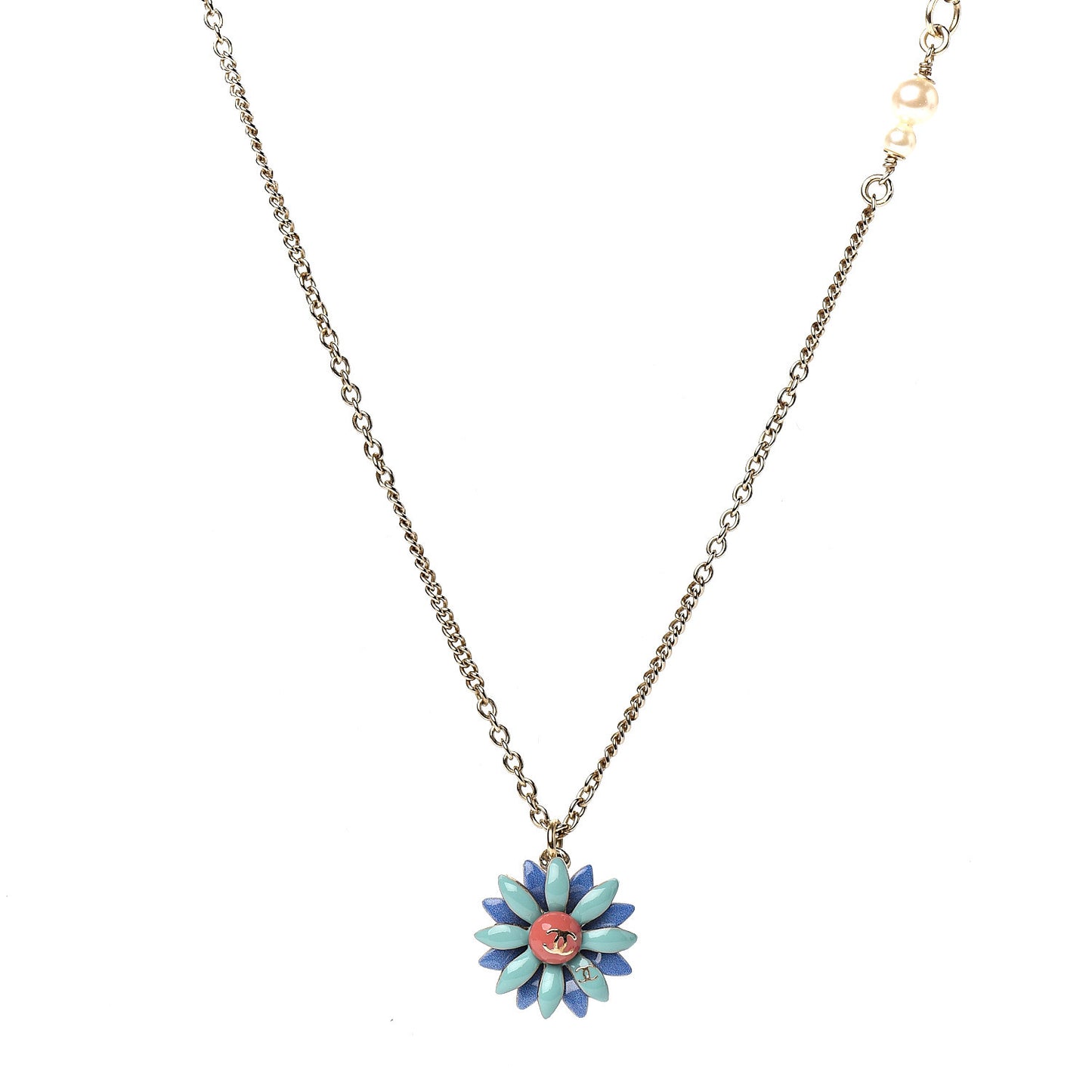 Enamel CC Flower Pendant Necklace Gold Multicolor