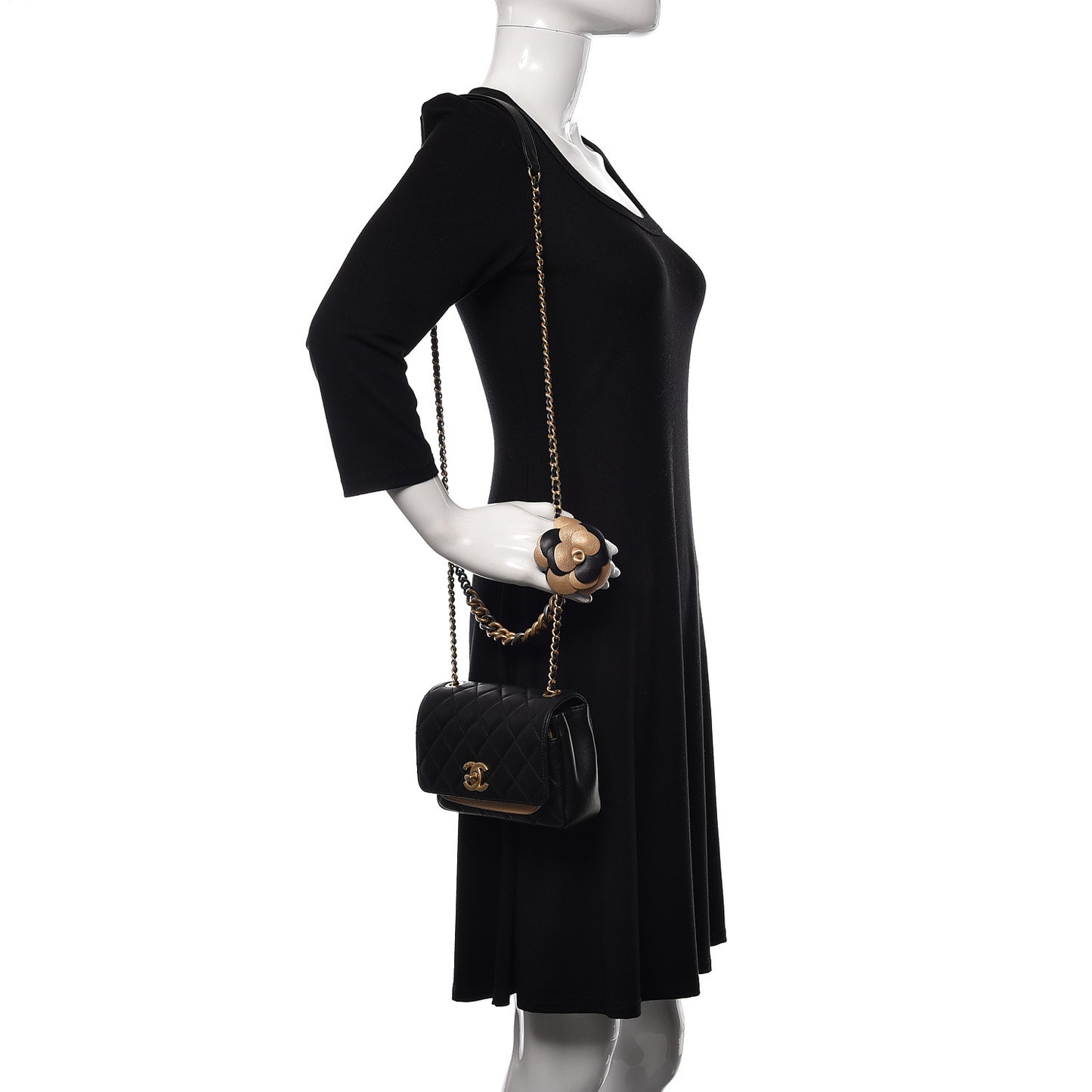 Lambskin Quilted Camellia Flower Flap Black