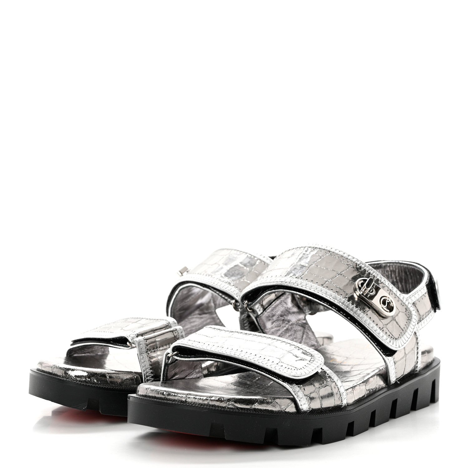 Christian Louboutin Metallic Calfskin Alligator Embossed Nappa Lock Cool Flat Sandals 37 Silver 3 of 7