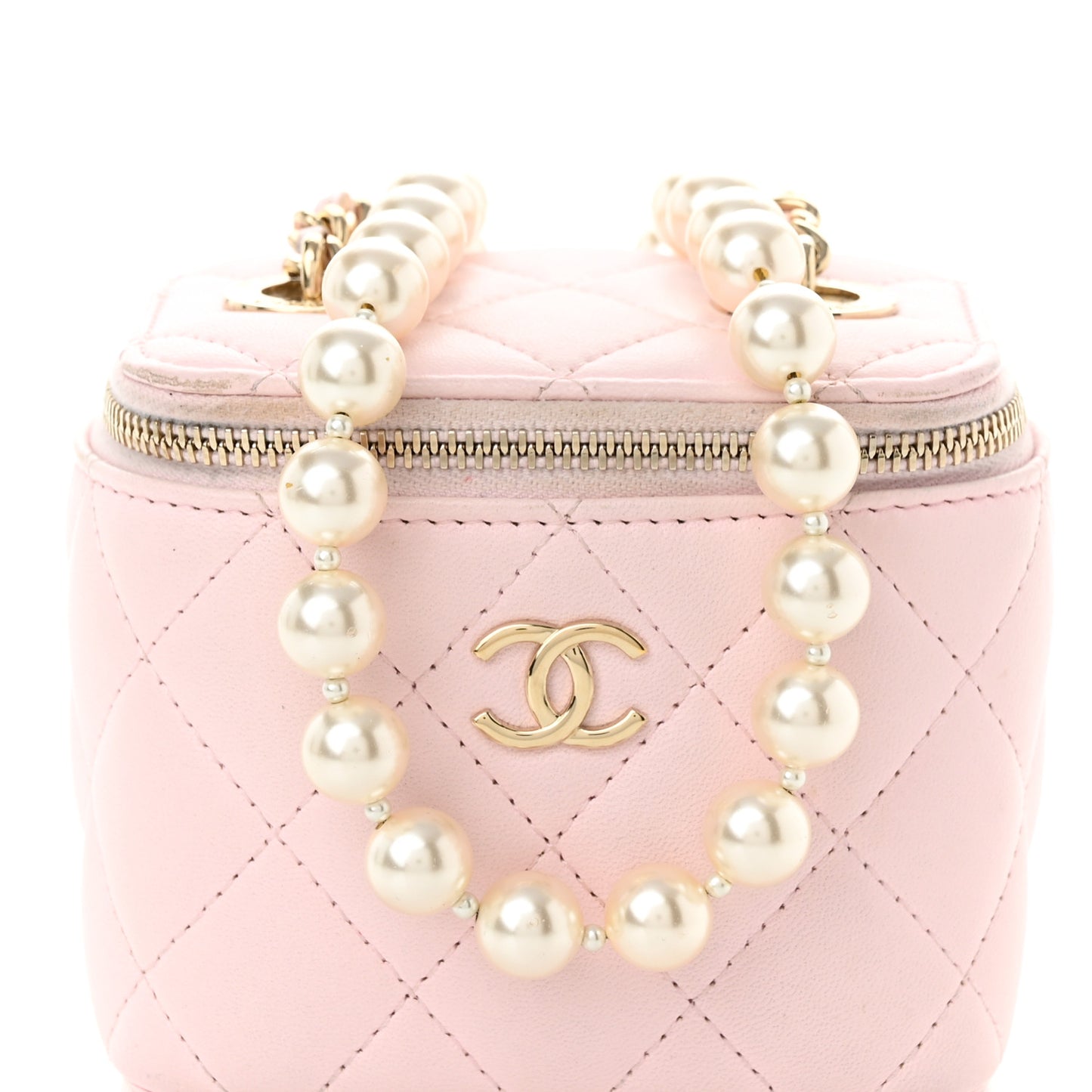 Lambskin Quilted Mini Vanity Case With Pearl Chain Light Pink