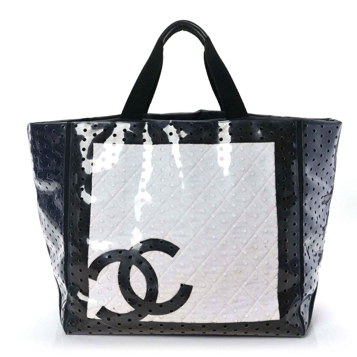 Chanel Canvas Vinyl Perforated CC Tote White Black Dark Navy 1 of 11