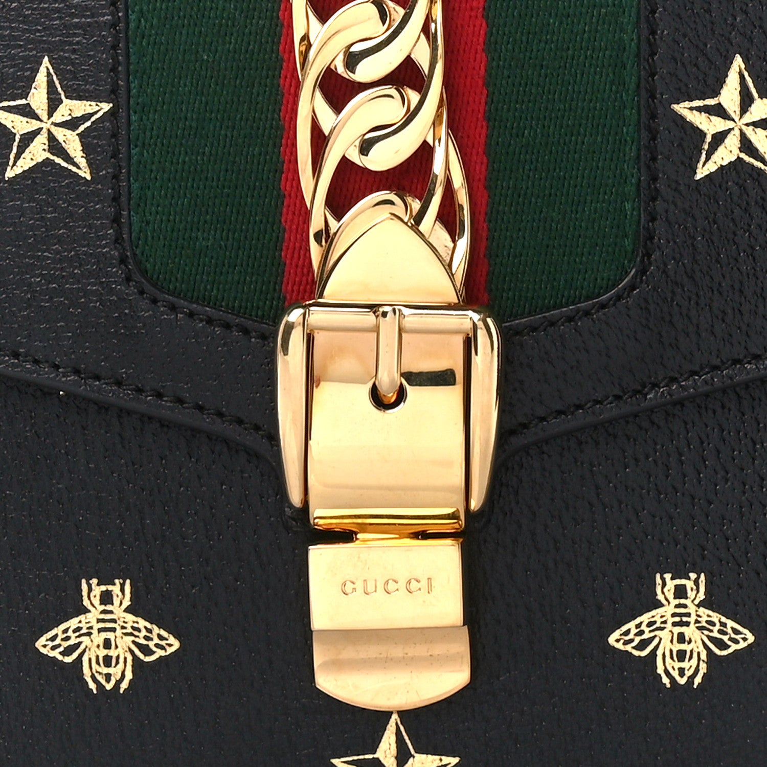 Gucci Textured Calfskin Bee Star Print Small Sylvie Shoulder Bag Black 9 of 11