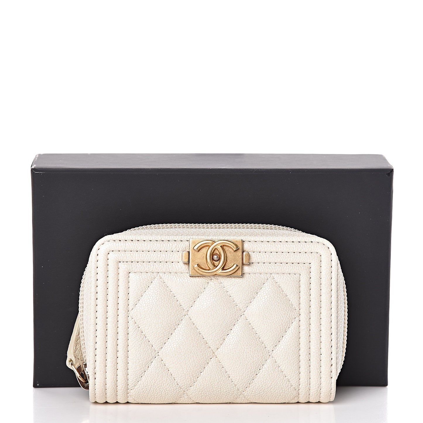 Caviar Quilted Boy Zip Around Coin Purse Wallet Ivory