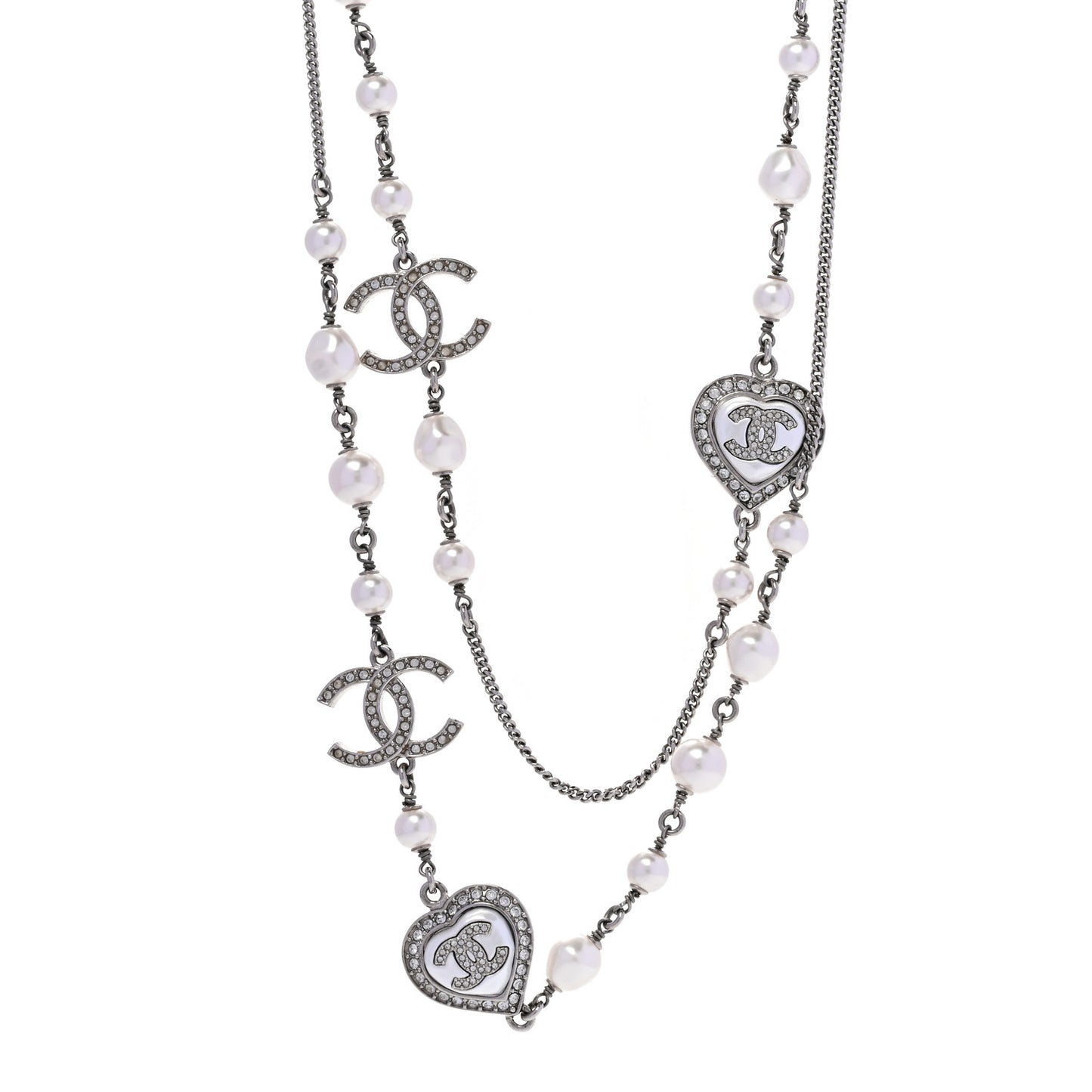 Pearl Crystal CC Heart Necklace Silver Pearly White