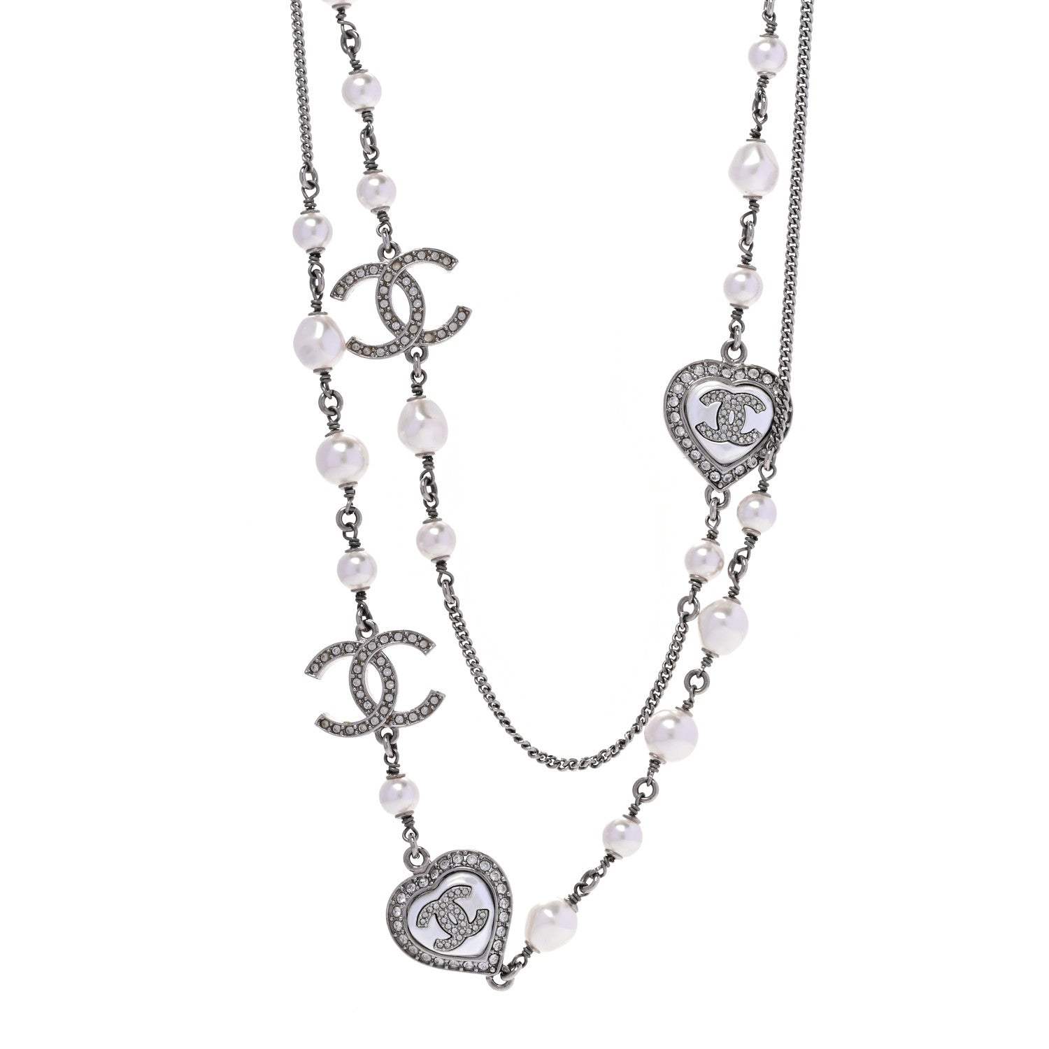 Chanel Pearl Crystal CC Heart Necklace Silver Pearly White 1 of 6