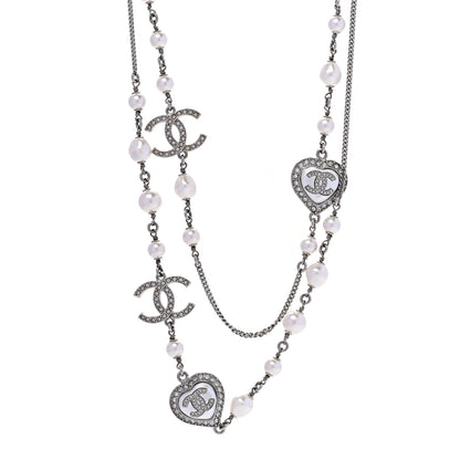 Chanel Pearl Crystal CC Heart Necklace Silver Pearly White 1 of 6