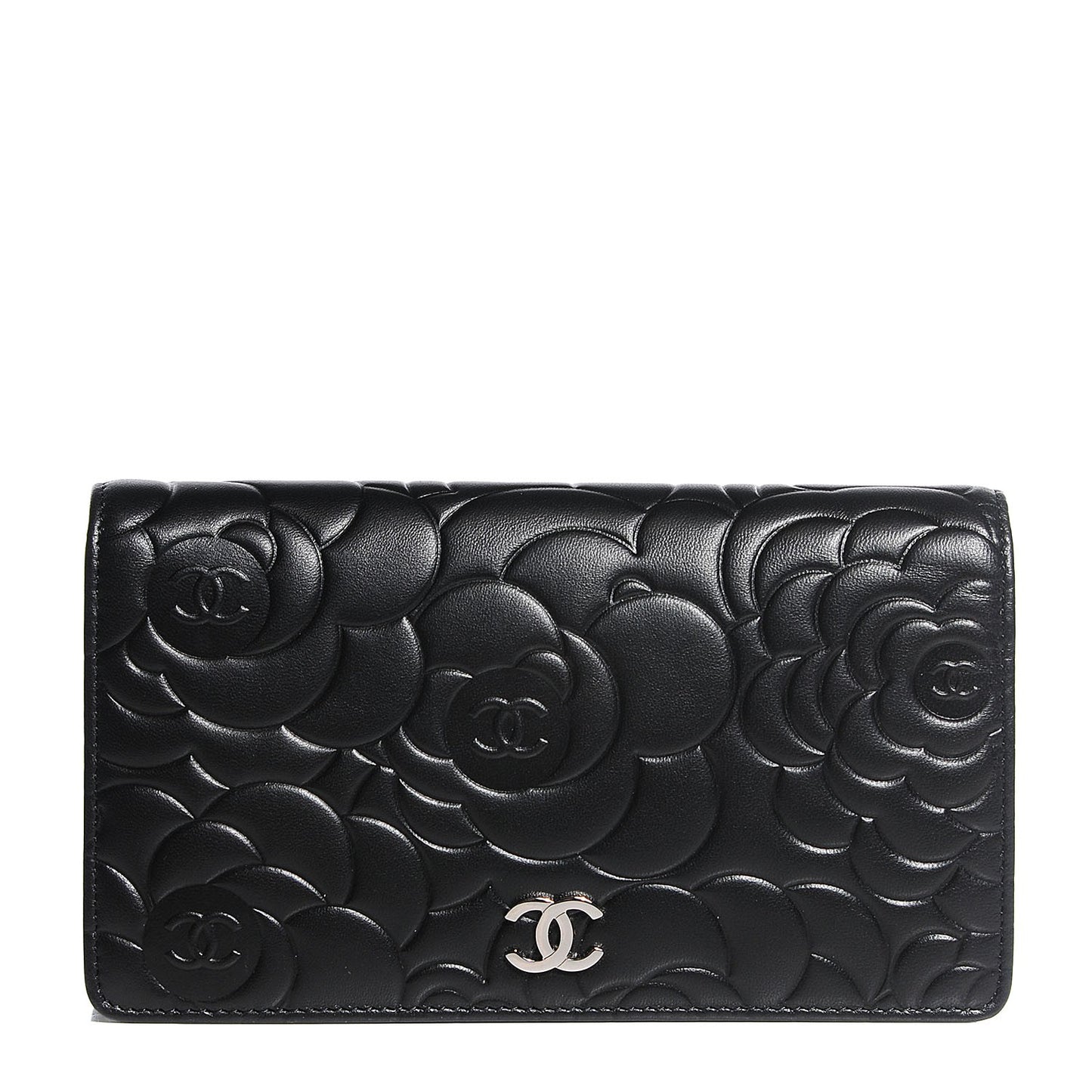 Lambskin Camellia Embossed Yen Wallet Black