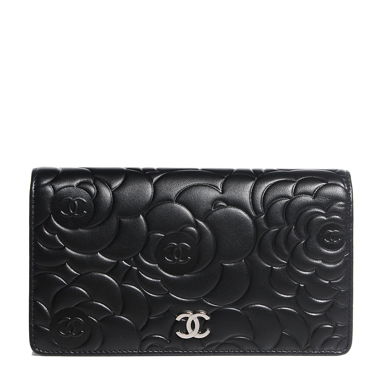Chanel Lambskin Camellia Embossed Yen Wallet Black 1 of 9