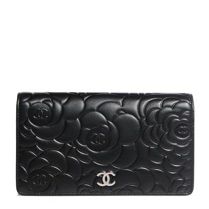 Chanel Lambskin Camellia Embossed Yen Wallet Black 1 of 9