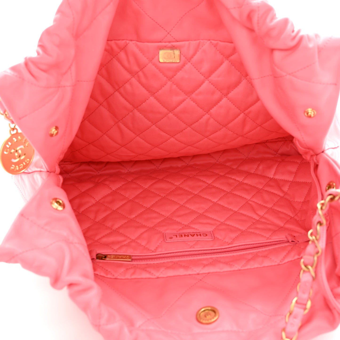 Shiny Calfskin Quilted Chanel 22 Drawstring Bag Coral Pink