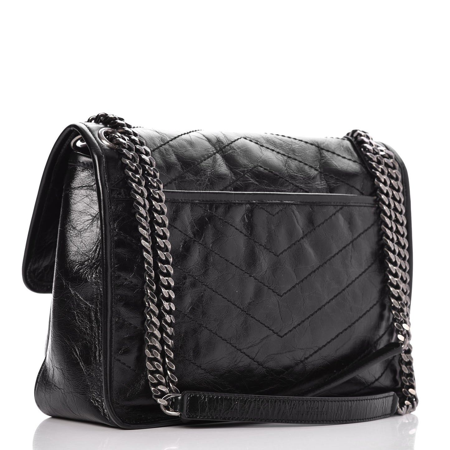 Crinkled Calfskin Matelasse Monogram Medium Niki Chain Satchel Black