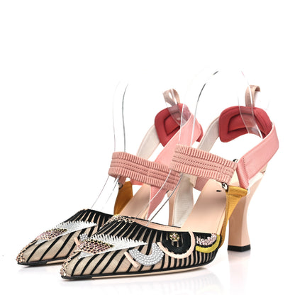 Fendi Velvet Mesh Colibri Crystal FF Sporty 85mm Slingback Pumps 38 Silver Pink Green 4 of 8