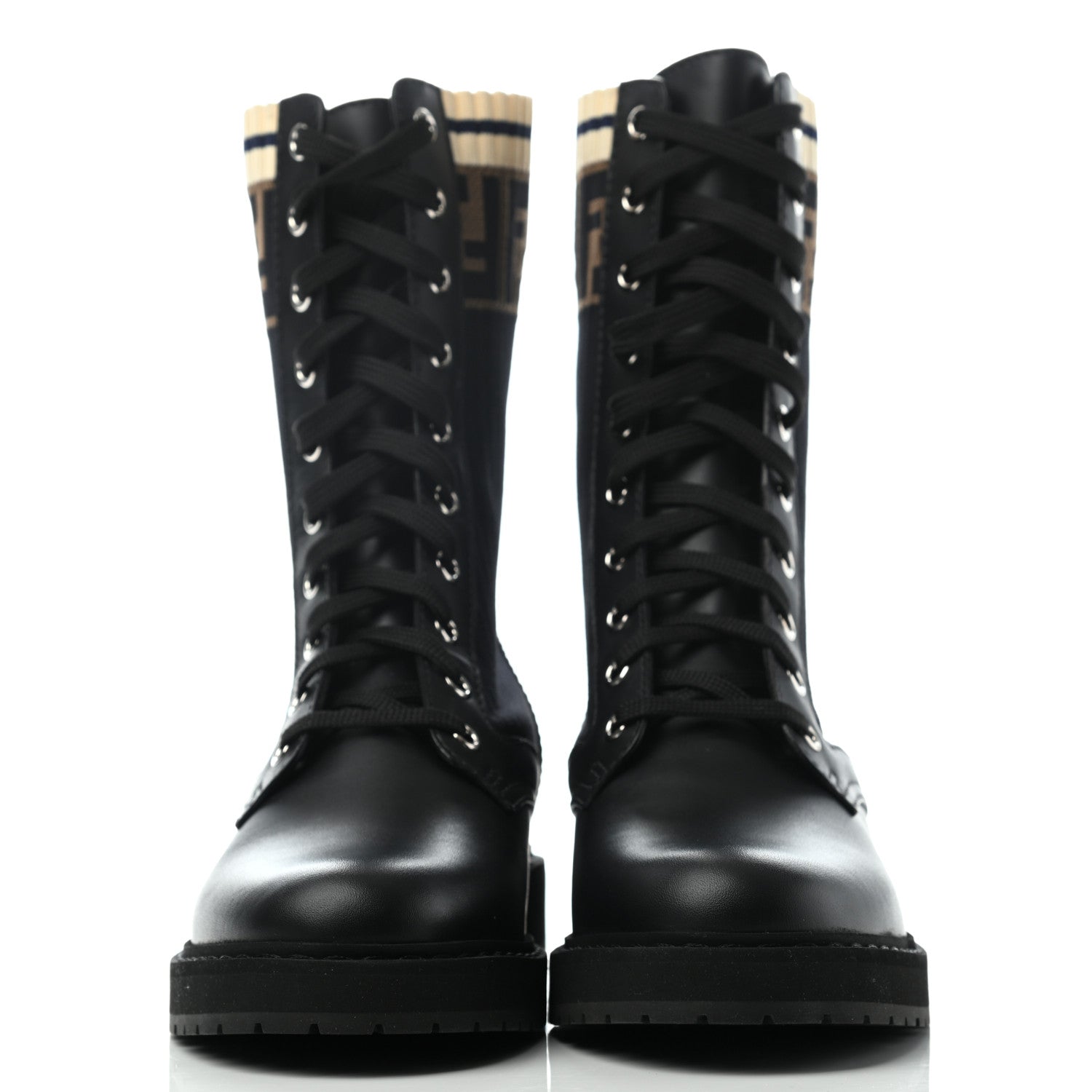 Fendi Calfskin Stretch Fabric Rockoko Biker Boots 38 Tobacco Black Marino 2 of 7