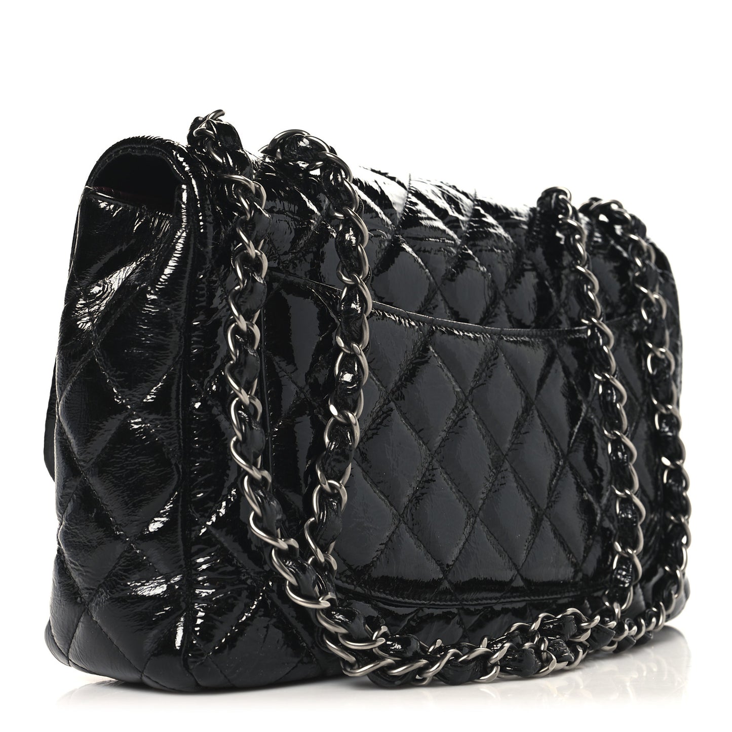 Crinkled Patent Quilted Jumbo Single Flap Black